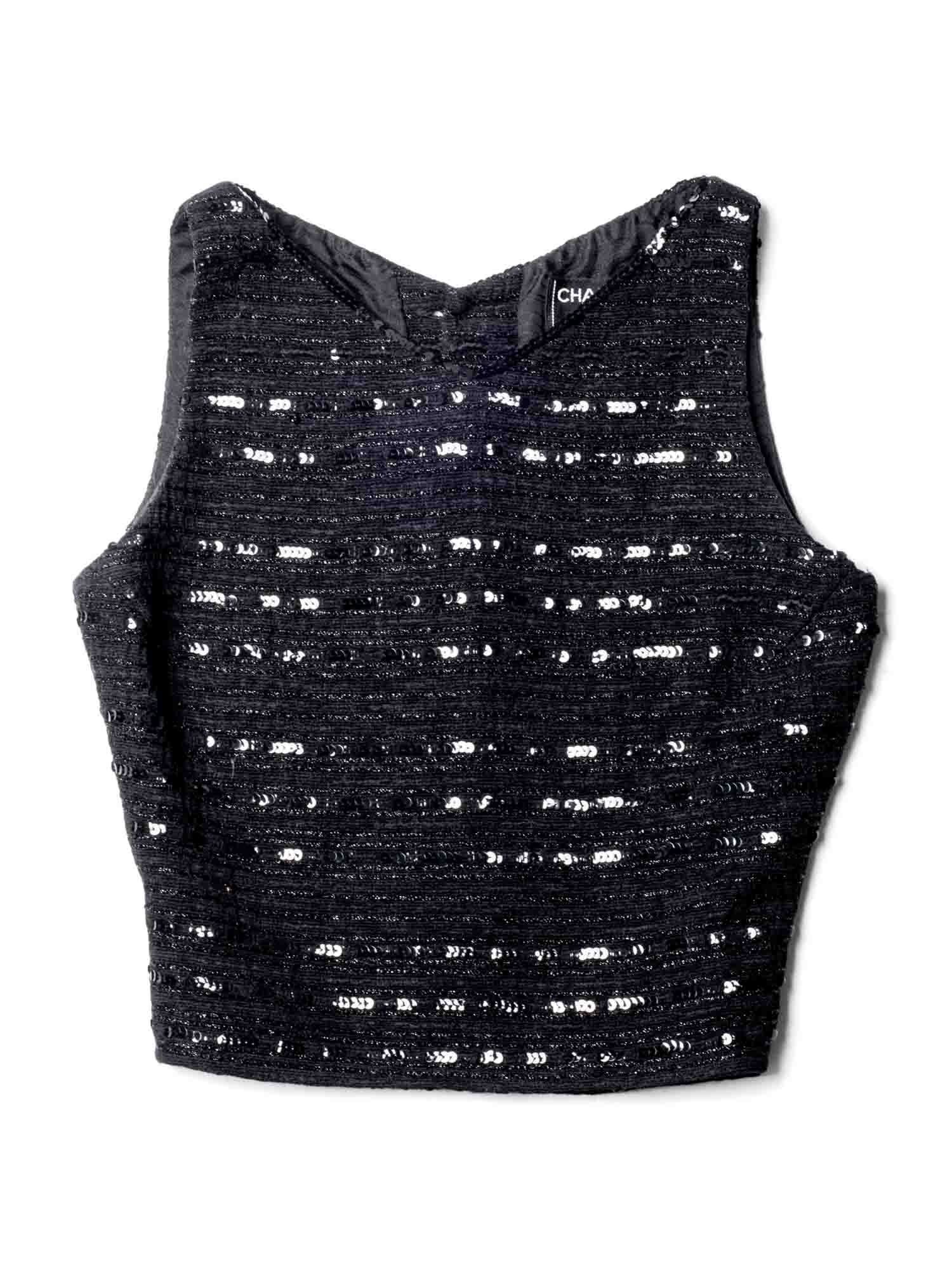 CHANEL CC Logo Sequin Tweed Cropped Top Black-designer resale