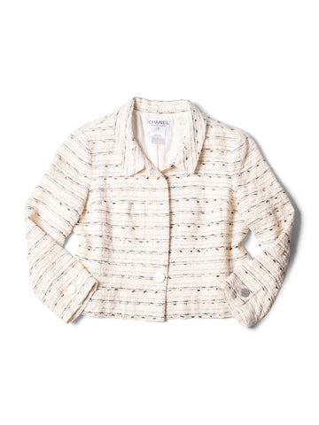 CHANEL CC Logo Sequin Tweed Jacket Cream-designer resale
