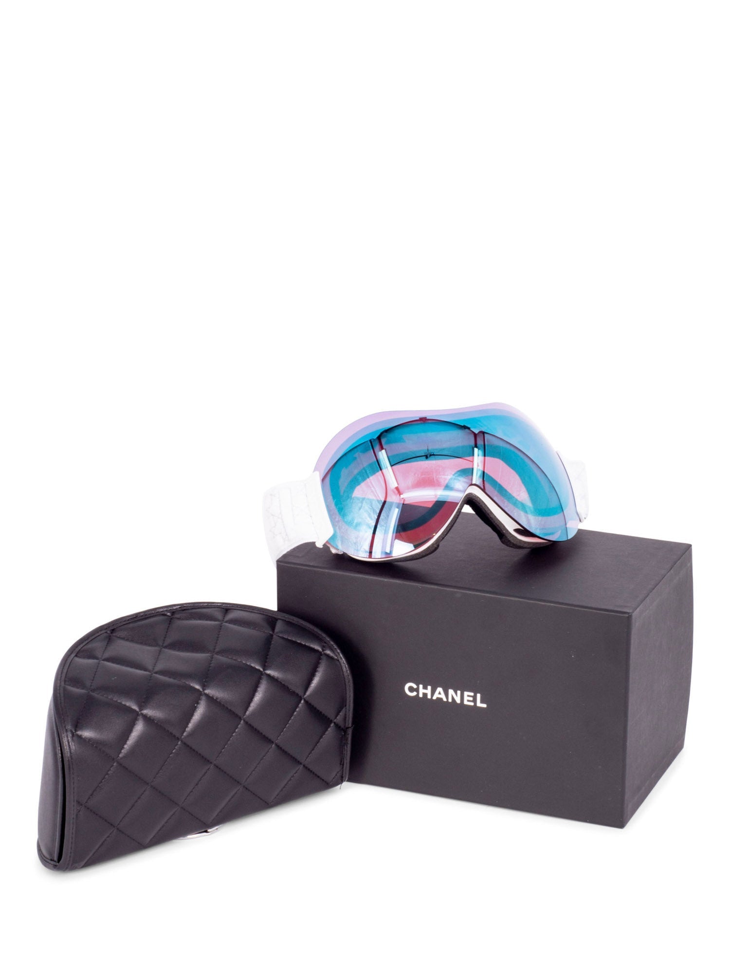 CHANEL CC Logo Ski Goggles with Quilted Leather Clutch Black-designer resale