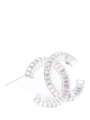CHANEL CC Logo Swarovski Crystal Large Brooch Pin Silver-designer resale