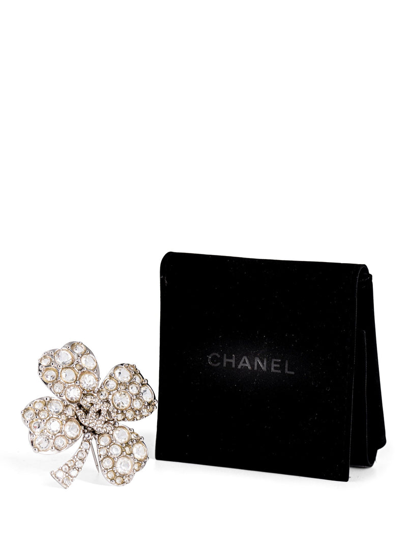CHANEL CC Logo Swarovski Crystal Lucky Clover Pin Brooch Silver-designer resale