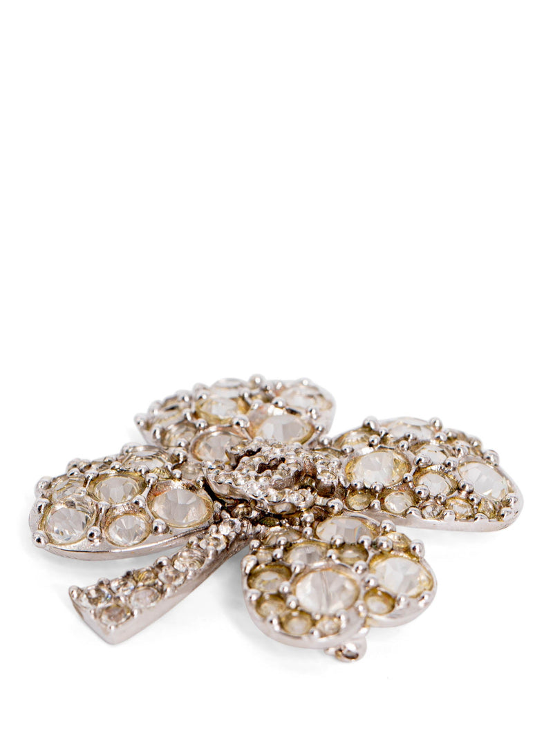 CHANEL CC Logo Swarovski Crystal Lucky Clover Pin Brooch Silver