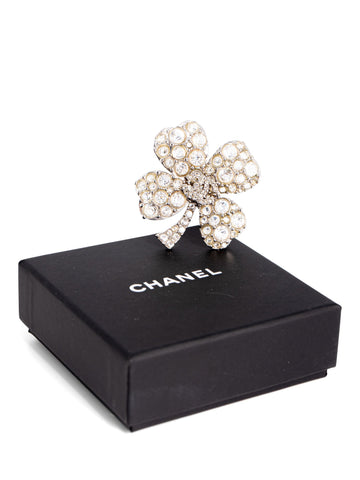 CHANEL CC Logo Swarovski Crystal Lucky Clover Pin Brooch Silver-designer resale