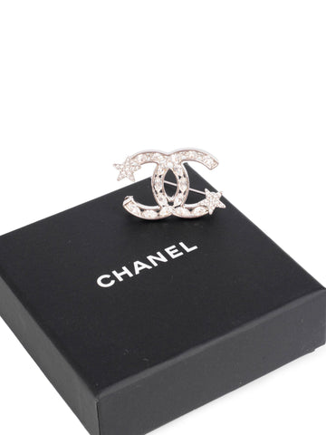 CHANEL CC Logo Swarovski Crystal Star Pin Brooch Silver-designer resale