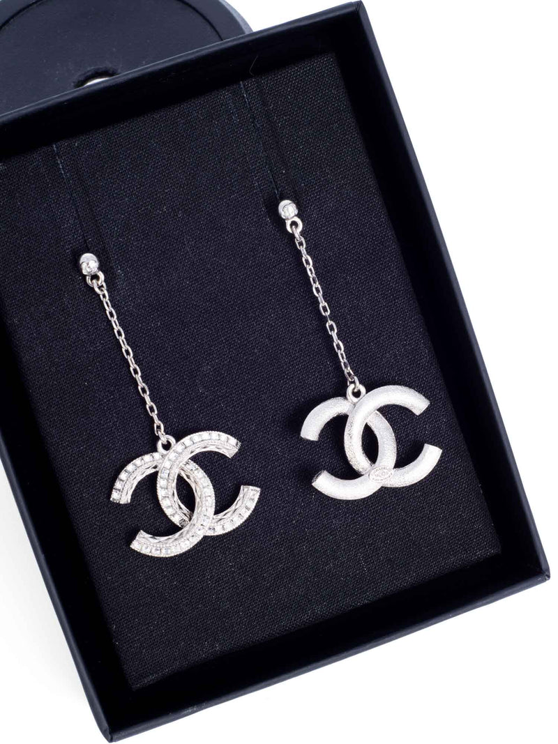 CHANEL CC Logo Swarovski Crystals Drop Earrings Silver