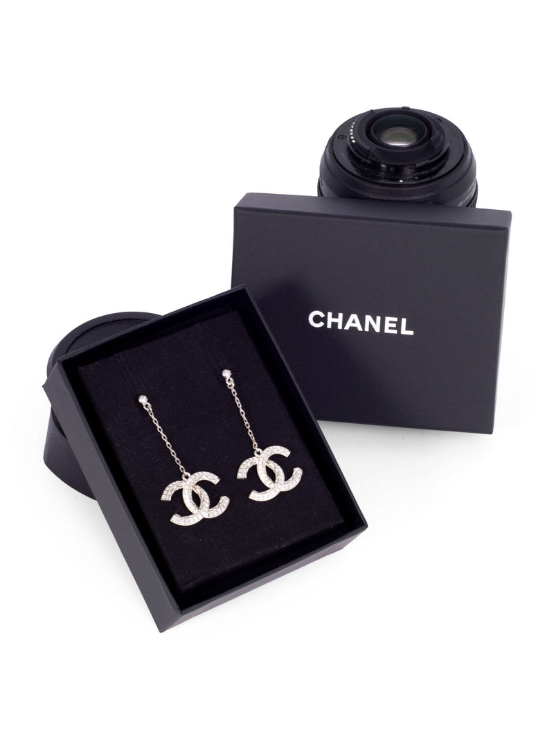 CHANEL CC Logo Swarovski Crystals Drop Earrings Silver-designer resale