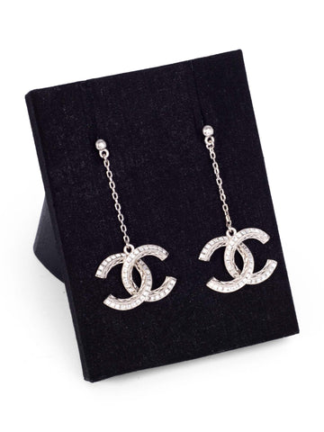 CHANEL CC Logo Swarovski Crystals Drop Earrings Silver-designer resale