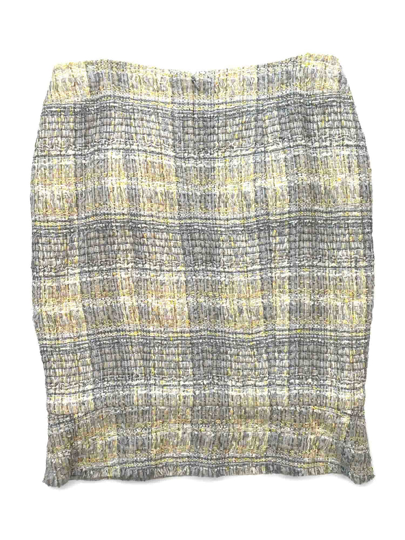 CHANEL CC Logo Tweed Fringe Skirt Grey Yellow-designer resale