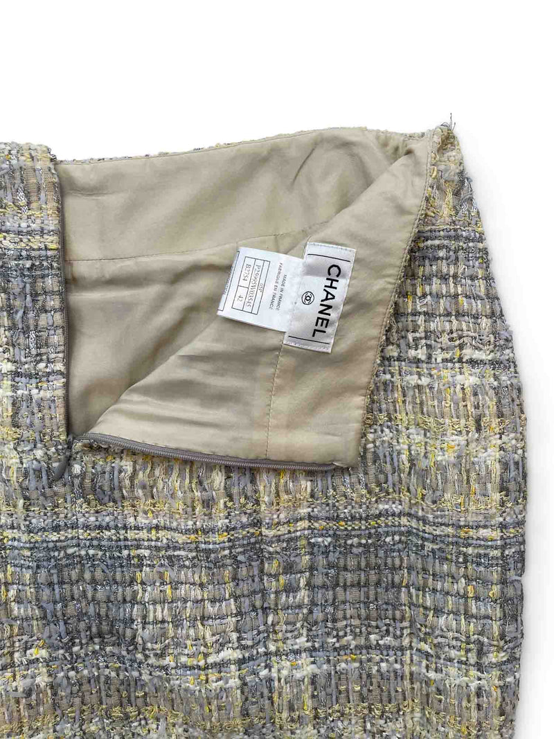 CHANEL CC Logo Tweed Fringe Skirt Grey Yellow-designer resale