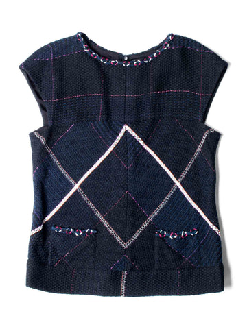 CHANEL CC Logo Tweed Fringe Top Black Navy Blue-designer resale