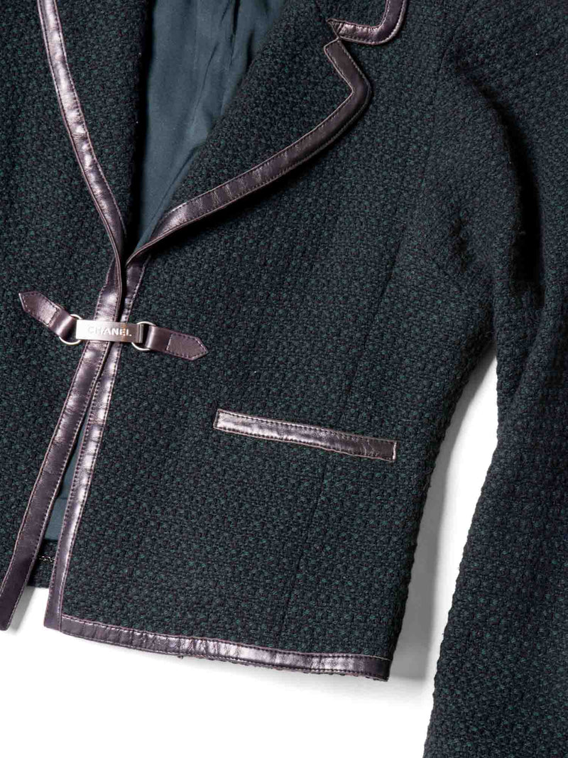 CHANEL CC Logo Tweed Leather Fitted Jacket Green Black-designer resale