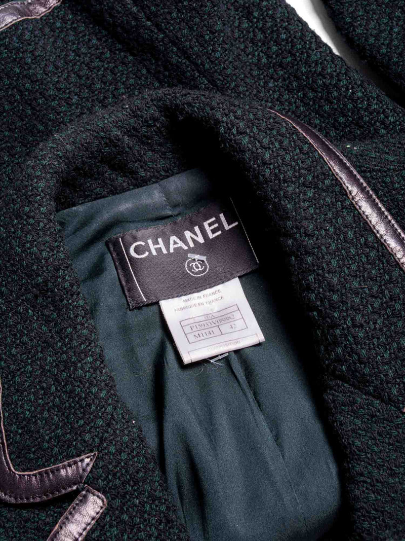 CHANEL CC Logo Tweed Leather Fitted Jacket Green Black-designer resale