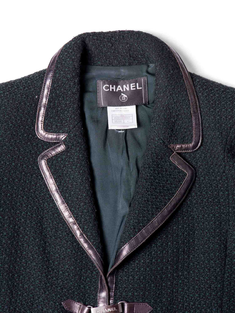 CHANEL CC Logo Tweed Leather Fitted Jacket Green Black