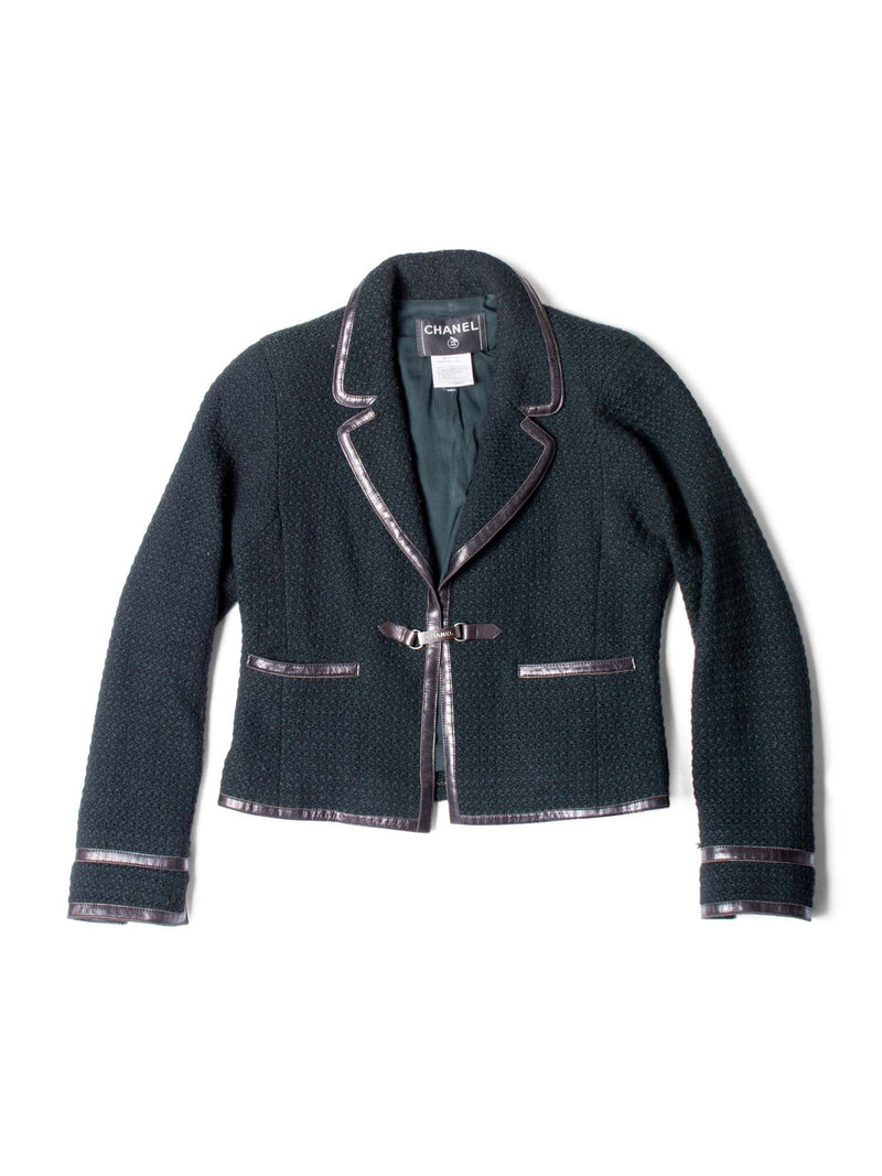 CHANEL CC Logo Tweed Leather Fitted Jacket Green Black-designer resale