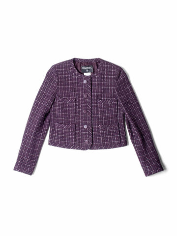 CHANEL CC Logo Tweed Sparkly Fitted Jacket Burgundy-designer resale