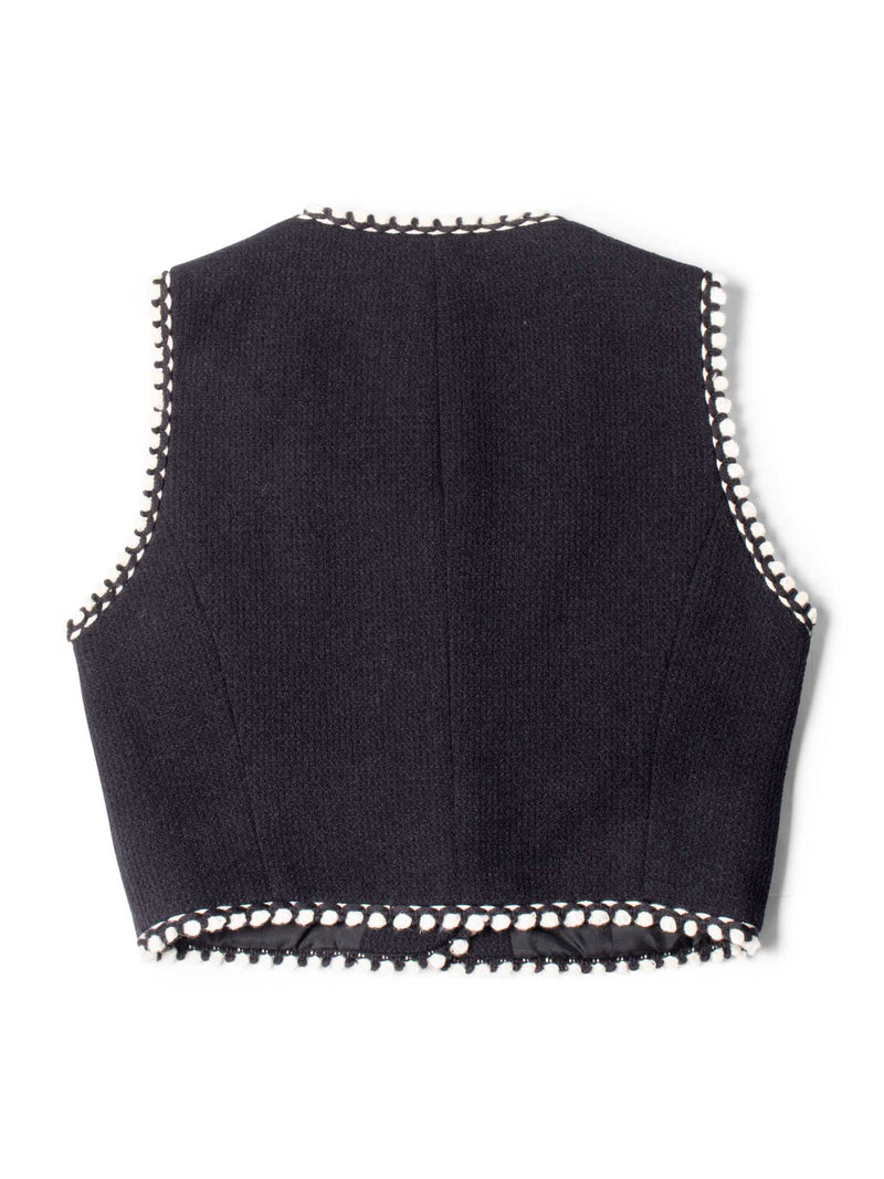 CHANEL CC Logo Tweed Wool Fringe Vest Black White