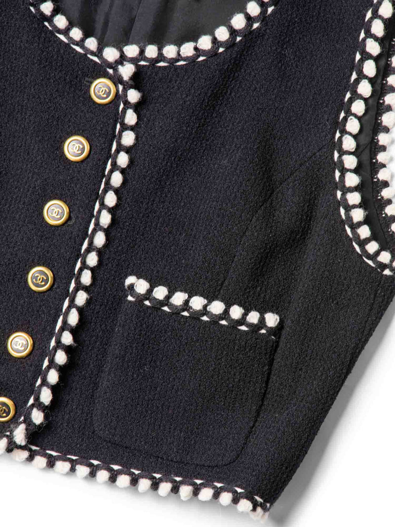 CHANEL CC Logo Tweed Wool Fringe Vest Black White-designer resale