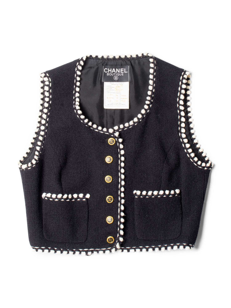 CHANEL CC Logo Tweed Wool Fringe Vest Black White