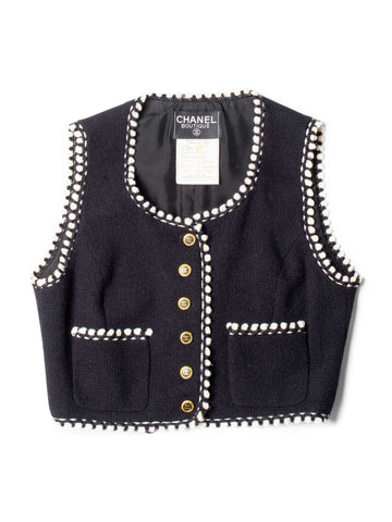 CHANEL CC Logo Tweed Wool Fringe Vest Black White-designer resale