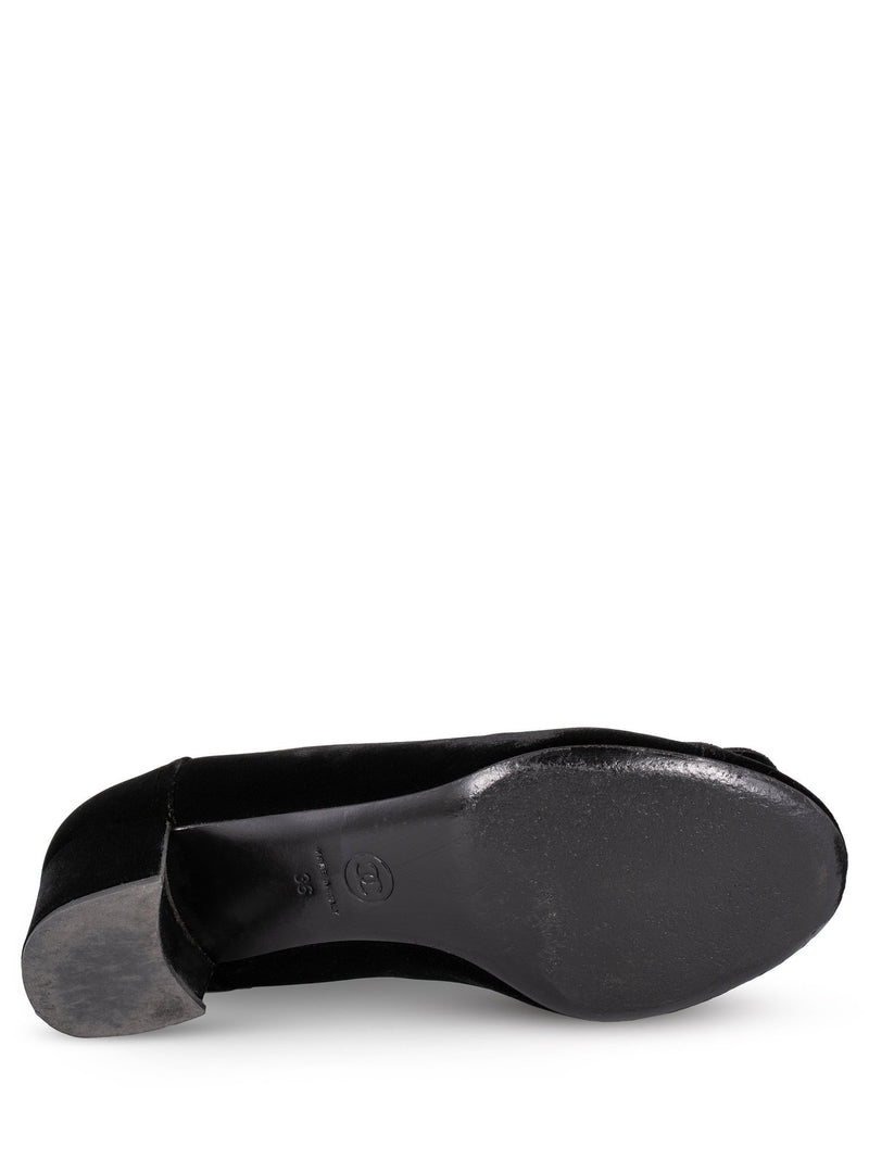 CHANEL CC Logo Velvet Camellia Round Toe Shoes Black-designer resale