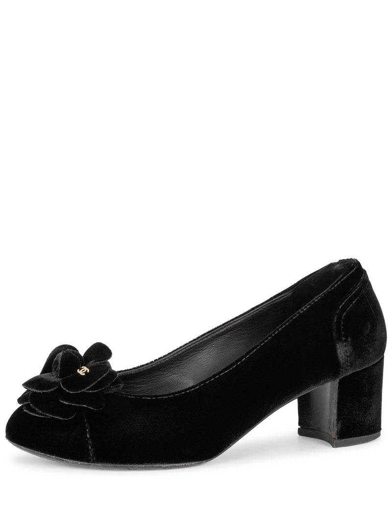 CHANEL CC Logo Velvet Camellia Round Toe Shoes Black-designer resale