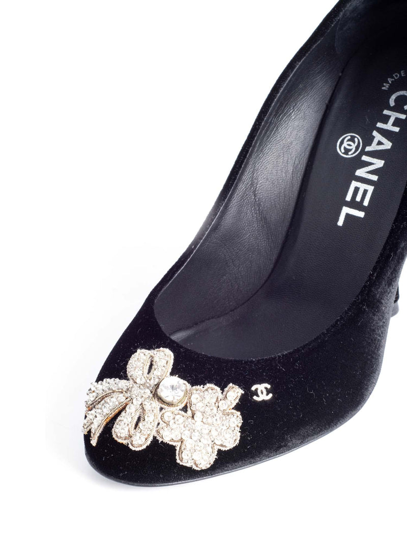 CHANEL CC Logo Velvet Crystal Heels Black-designer resale