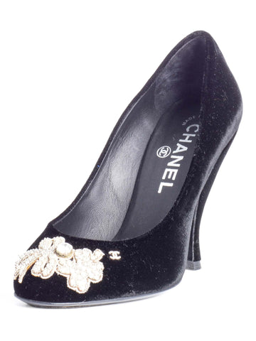 CHANEL CC Logo Velvet Crystal Heels Black-designer resale