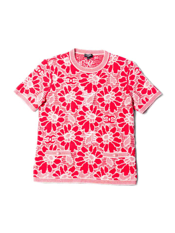 CHANEL CC Logo Wool Cotton Floral Eyelet Embroidered Top Pink White-designer resale