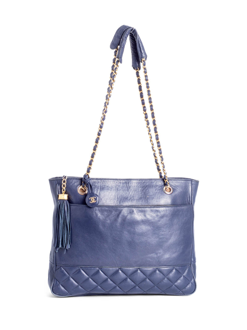 CHANEL CC Vintage Logo Quilted Leather Shopper Bag Navy Blue-designer resale