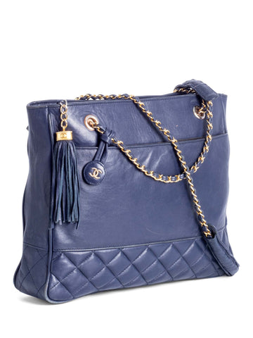 CHANEL CC Vintage Logo Quilted Leather Shopper Bag Navy Blue-designer resale