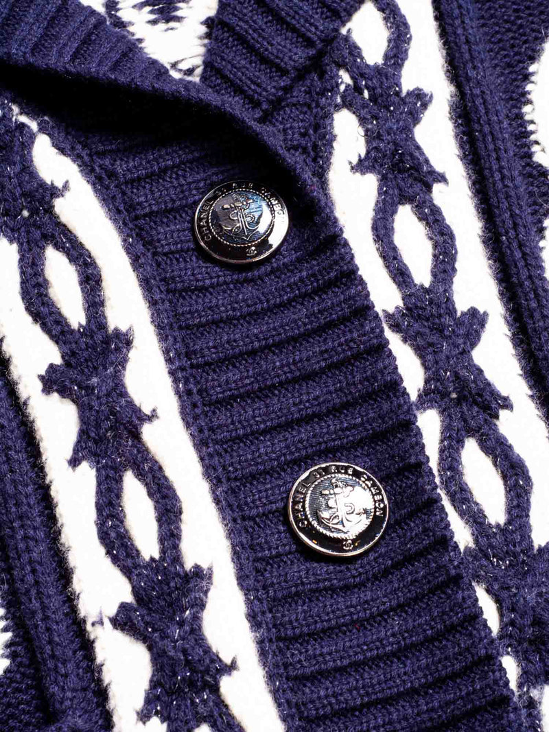 CHANEL Cable Knit Cashmere Sparkly Nautical Cardigan Blue White-designer resale