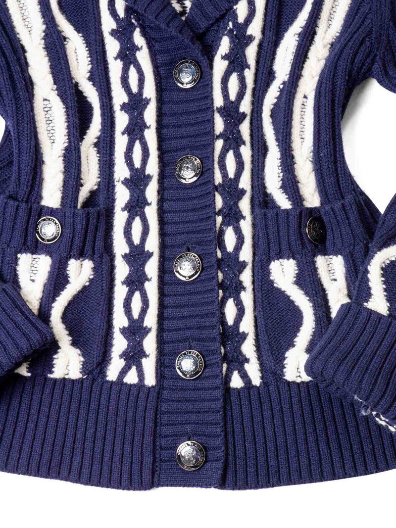 CHANEL Cable Knit Cashmere Sparkly Nautical Cardigan Blue White-designer resale