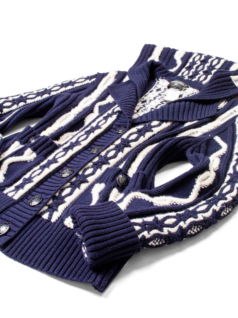 CHANEL Cable Knit Cashmere Sparkly Nautical Cardigan Blue White-designer resale