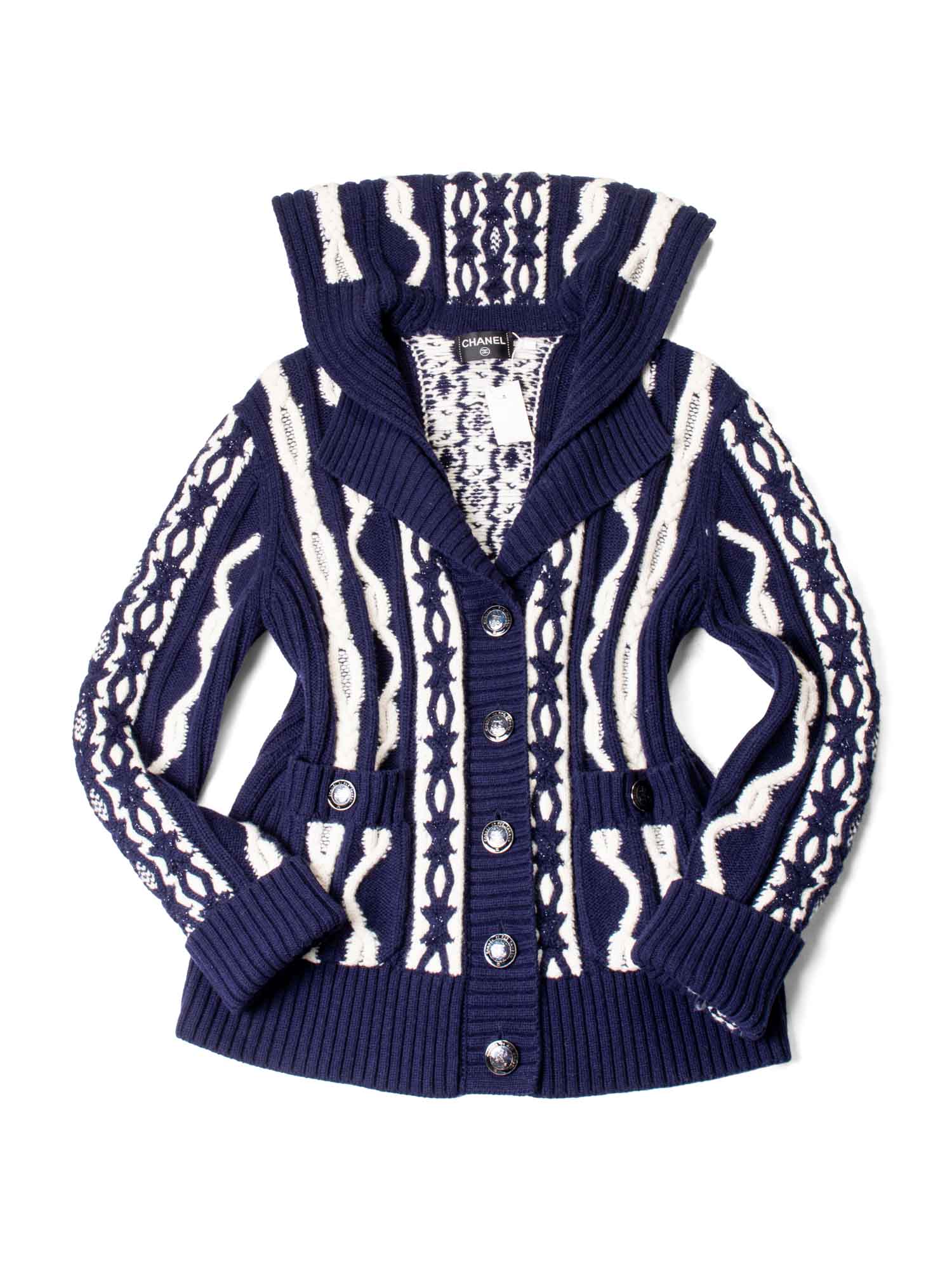 CHANEL Cable Knit Cashmere Sparkly Nautical Cardigan Blue White-designer resale