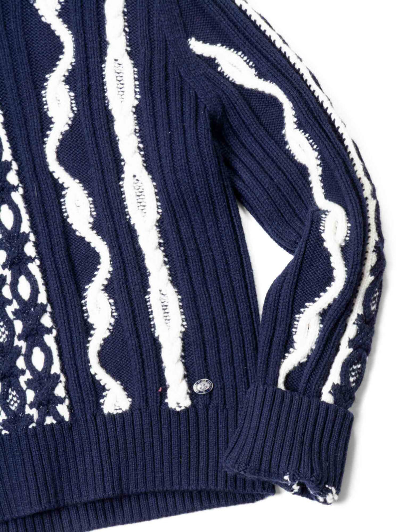 CHANEL Cable Knit Cashmere Sparkly Nautical Sweater Blue White-designer resale