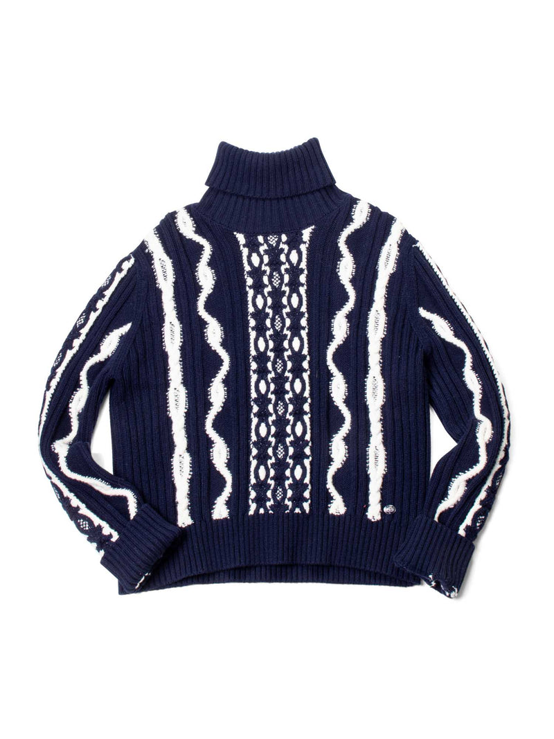 CHANEL Cable Knit Cashmere Sparkly Nautical Sweater Blue White-designer resale