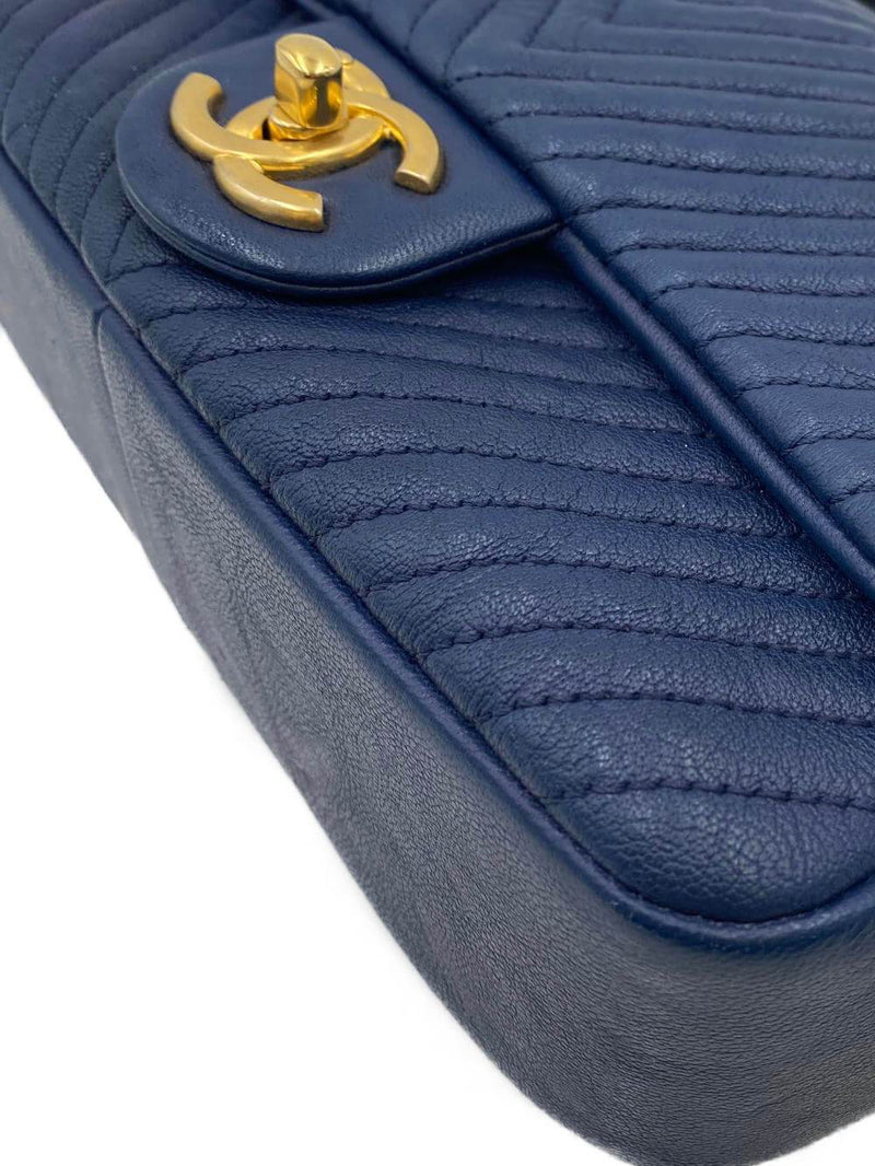 CHANEL Calfskin Chevron Quilted Mini Rectangular Flap Bag Blue-designer resale