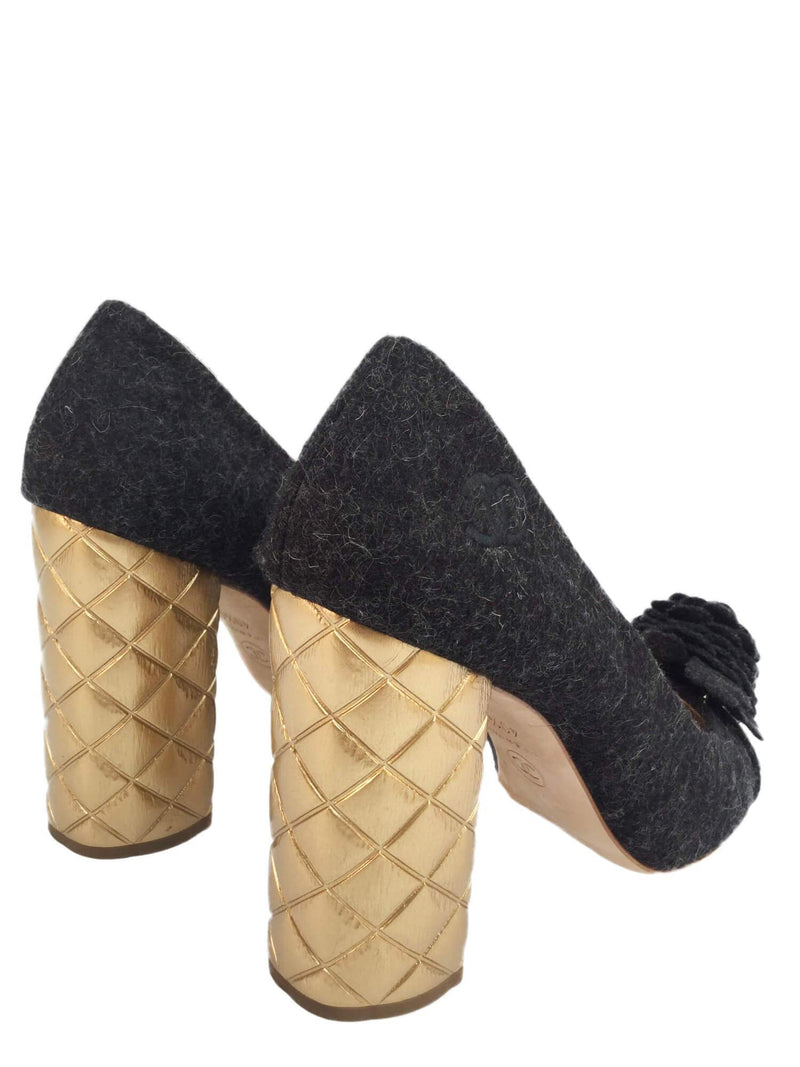 CHANEL Camellia Gold Quilted Block Heel Shoes Grey-designer resale
