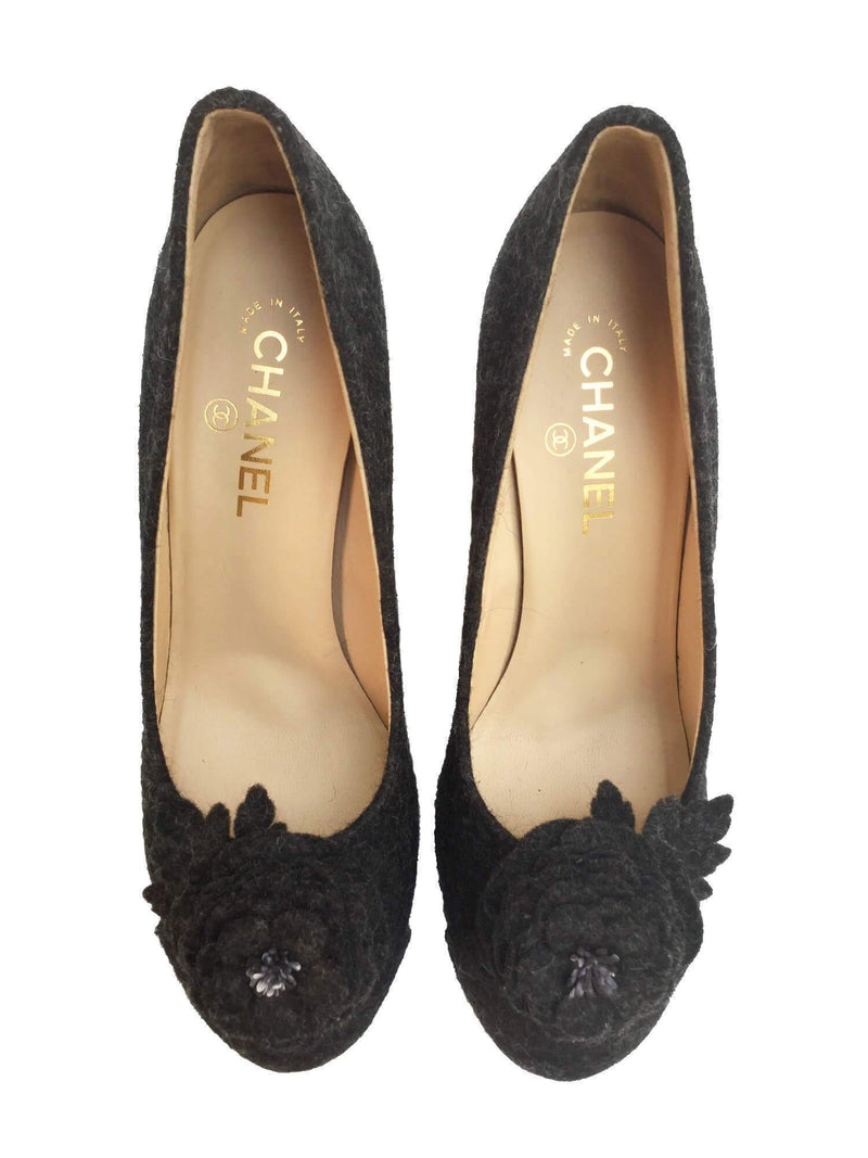 CHANEL Camellia Gold Quilted Block Heel Shoes Grey-designer resale