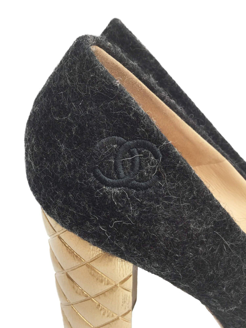 CHANEL Camellia Gold Quilted Block Heel Shoes Grey-designer resale