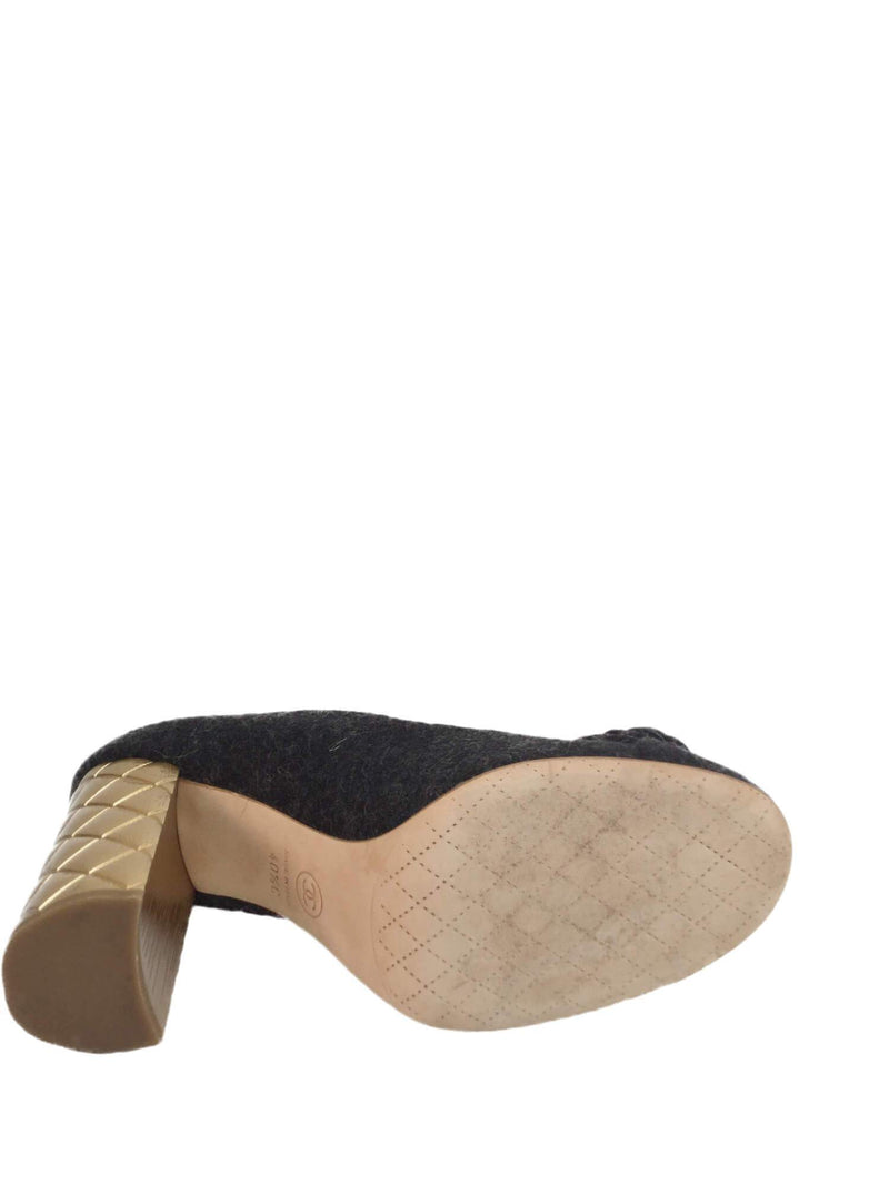 CHANEL Camellia Gold Quilted Block Heel Shoes Grey-designer resale