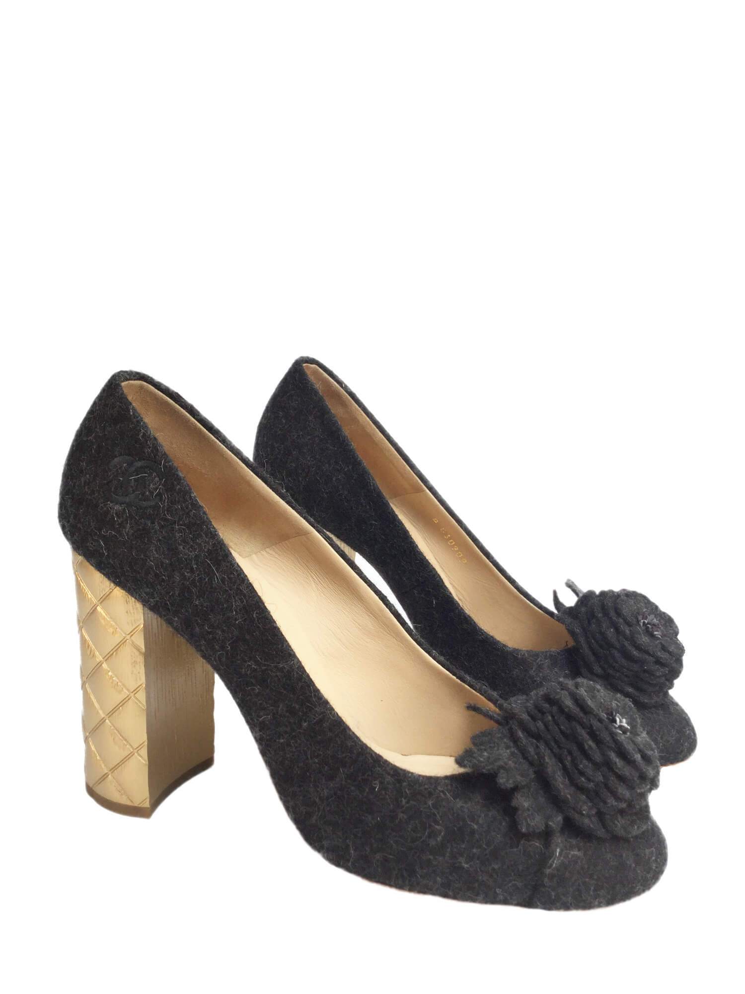 CHANEL Camellia Gold Quilted Block Heel Shoes Grey-designer resale