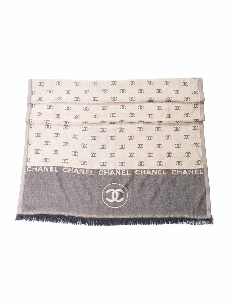 CHANEL Cashmere CC Logo Fringe Shawl Brown