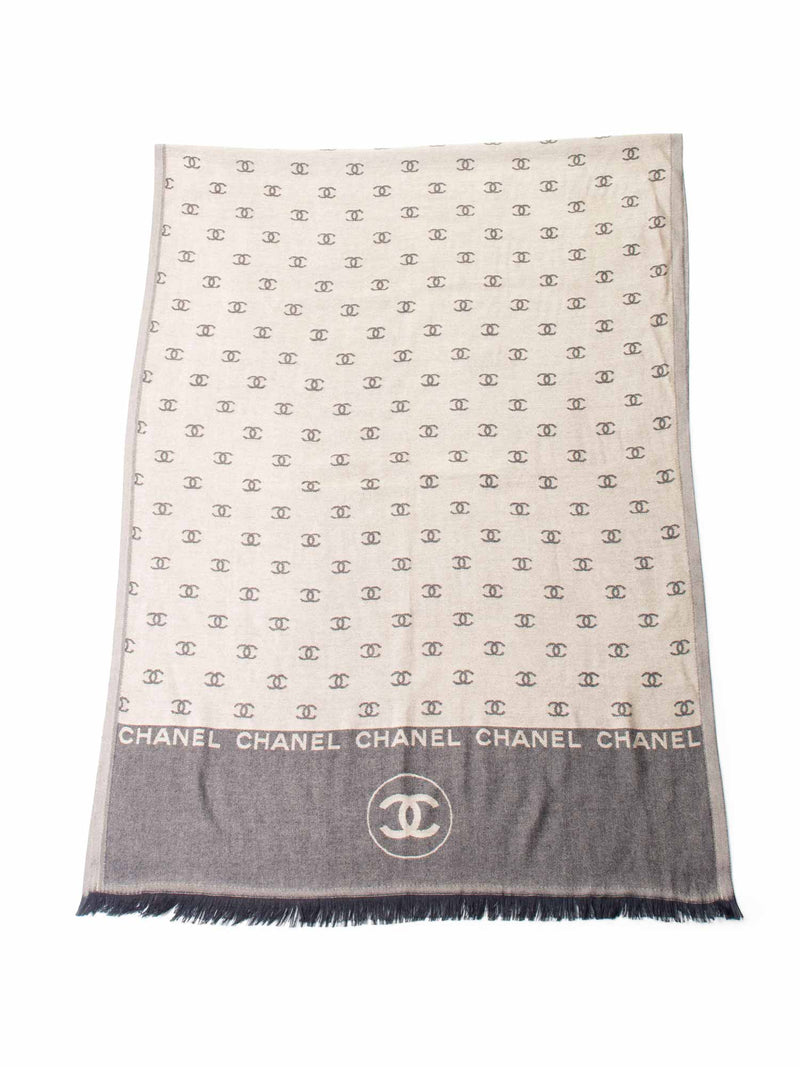 CHANEL Cashmere CC Logo Fringe Shawl Brown