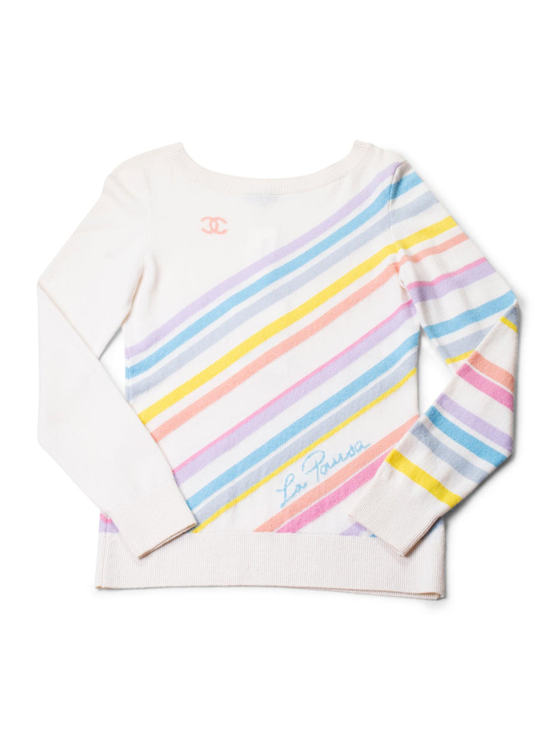 CHANEL Cashmere CC Logo La Pausa Stripe Sweater White-designer resale