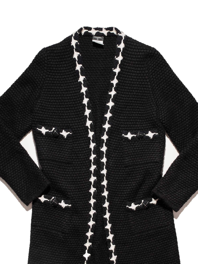 CHANEL Cashmere Knit Fringe Cardigan Black White-designer resale