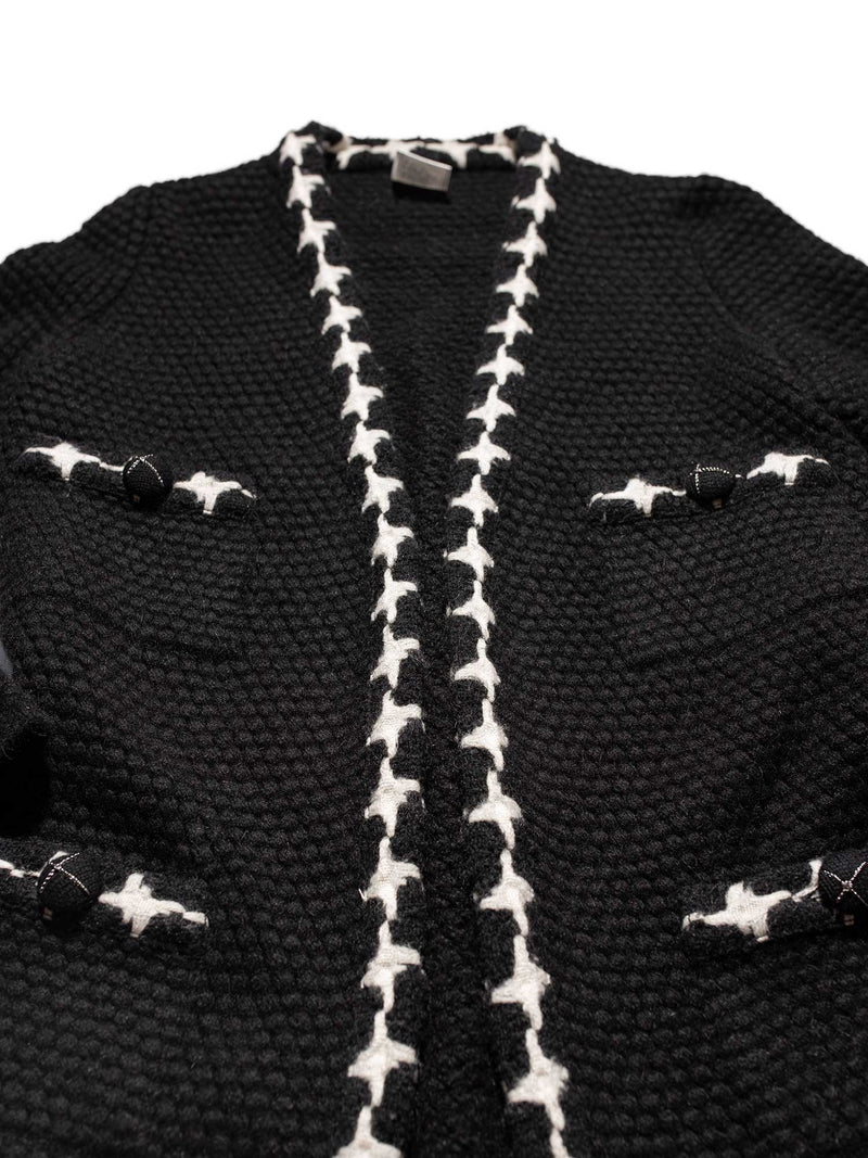 CHANEL Cashmere Knit Fringe Cardigan Black White-designer resale