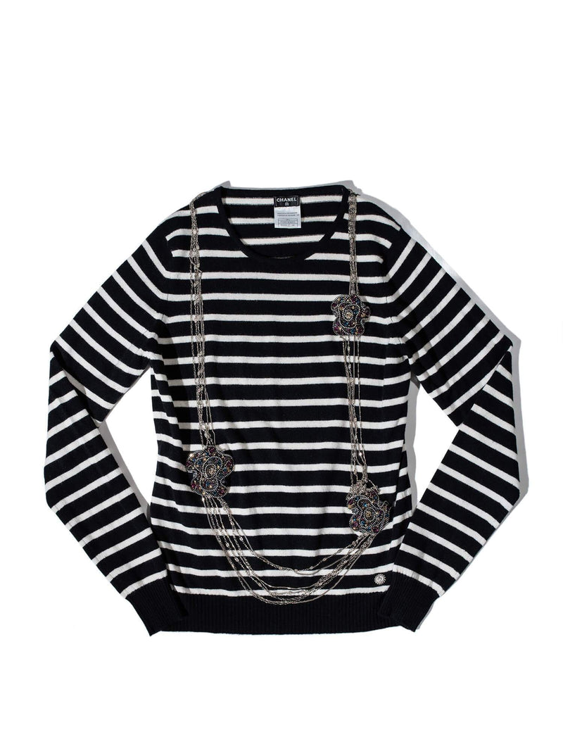 CHANEL Cashmere Long Chain Necklace Striped Sweater Black White