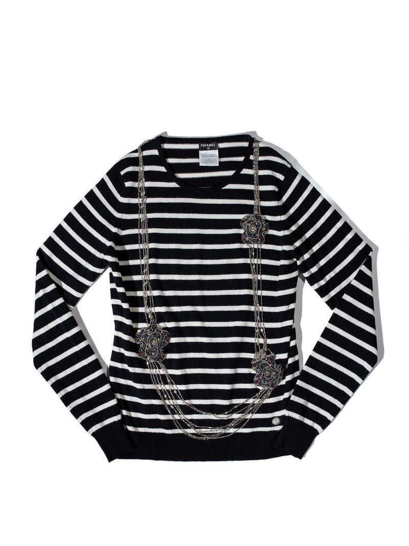 CHANEL Cashmere Long Chain Necklace Striped Sweater Black White-designer resale