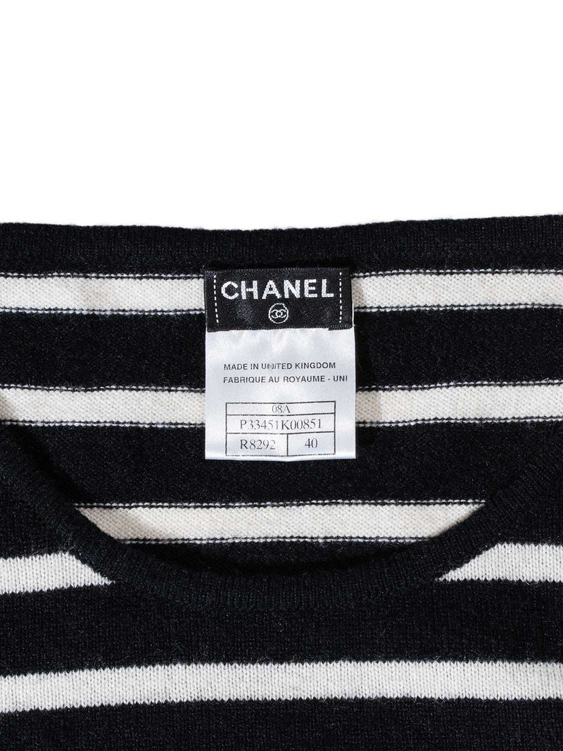 CHANEL Cashmere Long Chain Necklace Striped Sweater Black White-designer resale
